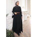 İmaj Butik Siyah Yaka Taşlı Yarım Fermuarlı Kemerli Kot Elbise - 40