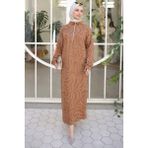 İmaj Butik Taba Yarım Fermuarlı Fitilli Desenli Elbise