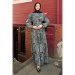 İmaj Butik Yeşil Eteği Katlı Desenli Şifon Elbise - 38
