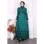İmaj Butik Zümrüt Yeşili Desenli Eteği Katlı Viscon Elbise - 38 - 40