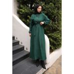 İmaj Butik Zümrüt Yeşili Kuşaklı Kol Lastikli Fitilli Elbise - 40 - 42