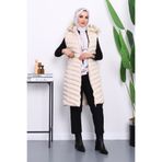 İmajButik Bej Kapüşonlu Uzun Şişme Yelek