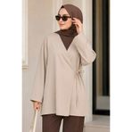 İmajButik Bej Kruvaze Yaka Yandan Bağlamalı Yazlık Kimono Tunik