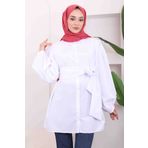 İmajButik Beyaz Bel Kuşaklı Gömlek Tunik
