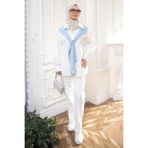 İmajButik Beyaz Mavi Atkı Detaylı Oversize Garnili Gömlek