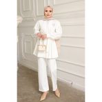 İmajButik Beyaz Yaka Bronş Detaylı Tunik Pantolonlu Takım
