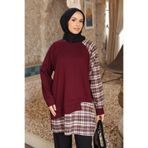 İmajButik Bordo Ekose Garnili Modal Tunik