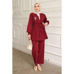 İmajButik Bordo Yaka Bronş Detaylı Tunik Pantolonlu Takım