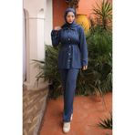 İmajButik İndigo Fitilli Bel Bağlamalıı Tunik Pantolonlu Takım