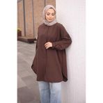 İmajButik Kahverengi Düğmeli Basic Salaş Tunik