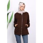 İmajButik Kahverengi Kapşonlu Fermuarlı Modal Sweat Hırka