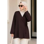 İmajButik Kahverengi Kruvaze Yaka Yandan Bağlamalı Yazlık Kimono Tunik