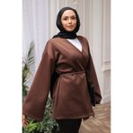 İmajButik Kahverengi Kuşaklı Scuba Kimono Ceket