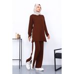 İmajButik Kahverengi Renk Bloklu Modal Tunik Pantolonlu Takım