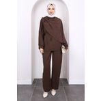 İmajButik Kahverengi Şal Detaylı Tunik Pantolonlu Takım