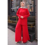 İmajButik Kırmızı Piliseli Sandy Tunik Pantolon Takım
