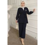 İmajButik Lacivert Yaka Bronş Detaylı Tunik Pantolonlu Takım