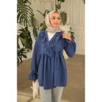 İmajButik Lacivert Yaka Fırfırlı Yan Bağlamalı Kol Lastikli Tunik