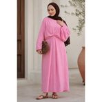 İmajButik Pembe Bağlama Detaylı Salaş Müslin Elbise