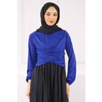 İmajButik Saks Mavi Çapraz Drape Detaylı Sandy Bluz