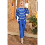 İmajButik Saks Mavi Çizgili Triko Tunik Pantolon Takım