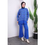 İmajButik Saks Mavi Çizgili Triko Tunik Pantolon Takım