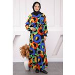 İmajButik Saks Mavi Desenli Eteği Katlı Viscon Elbise