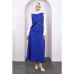 İmajButik Saks Mavi Gömlek Yelek Etekli 3'Lü Kombin Takım