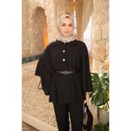 İmajButik Siyah Kemerli Düğmeli Dabıl Panço