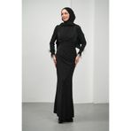 İmajButik Siyah Kolları Tüylü Taşlı Abiye