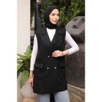 İmajButik Siyah Kruvaze Yaka Cepli Buklet Yelek