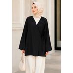 İmajButik Siyah Kruvaze Yaka Yandan Bağlamalı Yazlık Kimono Tunik