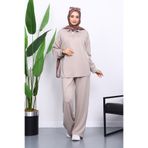 İmajButik Vizon Taşlı Yaka Fermuarlı Tunik Pantolonlu Takım
