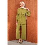İmajButik Yağ Yeşili Bel Bağlamalı Tunik Pantolonlu Takım