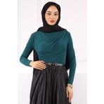 İmajButik Zümrüt Yeşili Balıkçı Yaka Drapeli Sandy Bluz