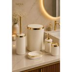 İmera Mat Krem Gold 5 Parça Akrilik Banyo Seti – Çöp Kovası, WC Fırçası, Sıvı Sabunluk, Diş Fırçalık