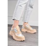 İmerShoes Günlük Kadın Bej Hologramlı Spor Ayakkabı Bağcıklı Kalın Hafif Yüksek Taban Sneaker 001
