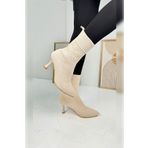 İmerShoes Günlük Kadın Bot Bootie Bej Triko Ince Yüksek Topuk Streç Çorap Şeritli Sivri Burun Ayakkabı 169