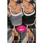 Imoda Kadın Beyaz Antrasit Gri ve Siyah Çift Renk Çapraz Askılı Crop Top Bluz