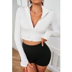 Imoda Kadın Beyaz Uzun Kol Fermuarlı Parmak Geçme Detaylı Dik Yaka Crop Top Bluz