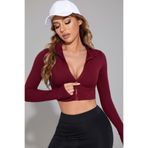 Imoda Kadın Bordo Uzun Kol Fermuarlı Parmak Geçme Detaylı Dik Yaka Crop Top Bluz
