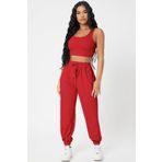 Imoda Kadın Kırmızı Kaşkorse Cepli Jogger Eşofman Altı ve Crop Top Bluz