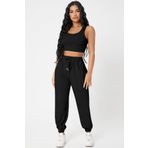 Imoda Kadın Siyah Kaşkorse Cepli Jogger Eşofman Altı ve Crop Top Bluz