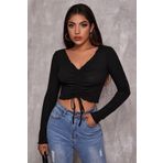 Imoda Kadın Siyah Uzun Kollu Büzdürme Bağcık Detaylı Crop Top Bluz