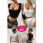 Imoda Kadın Siyah ve Beyaz Kare Yaka Kalınlaşan Omuz Detaylı Crop Top Bluz