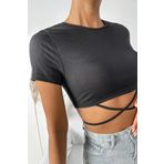 Imoda Kadın Siyah Yarım Kol Çapraz Bağlamalı Crop Top Bluz