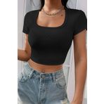 Imoda Kadın Siyah Yarım Kol Düz Yaka Crop Top Bluz