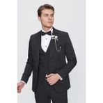 İmza Siyah Armürlü Mono Yaka Astarlı Yelekli 6 Drop Slim Fit Smokin Damatlık 1001220201 - 46