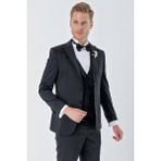 İmza Siyah Desenli Armürlü Çıkarılabilir Kırlangıç Yaka 6 Drop Slim Fit Smokin Damatlık Takım 1001230213 - 46