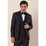 İmza Siyah Desenli Çıkarılabilir Şal Yaka Yelekli 6 Drop Slim Fit Smokin Damatlık Takım 1001230203 - 50